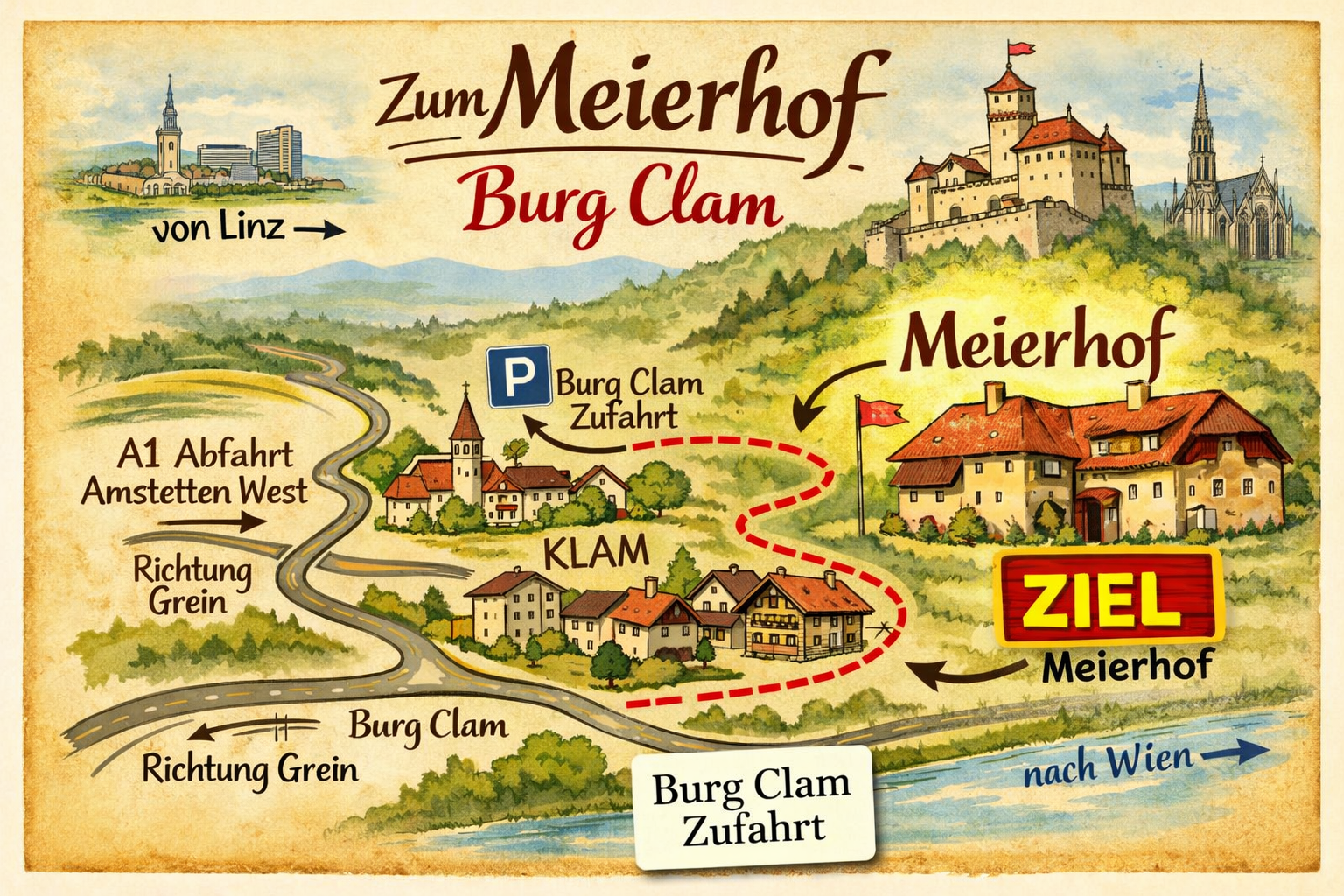 Anfahrtsskizze Burg Clam